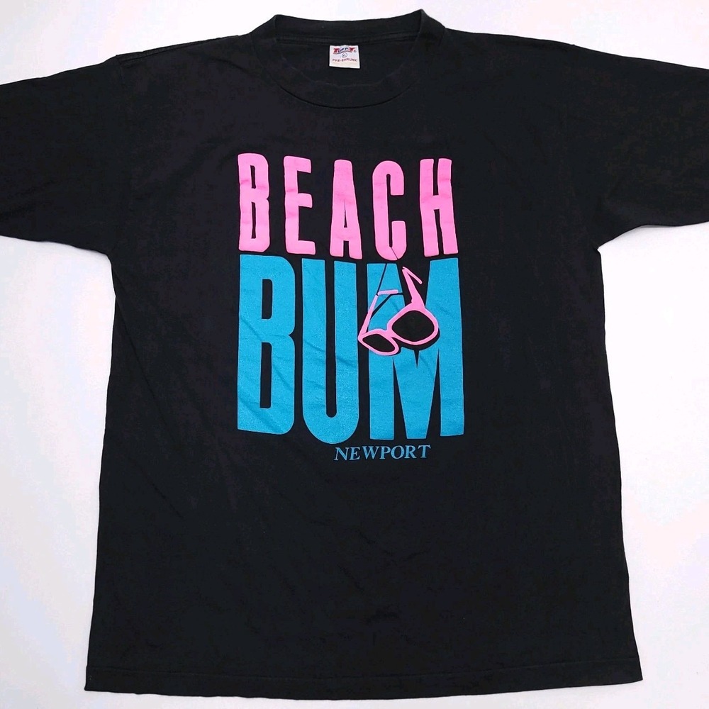 Beach Bum Newport Oregon Vintage‎ Single Stitch T Shirt 90s Travel Black Neon